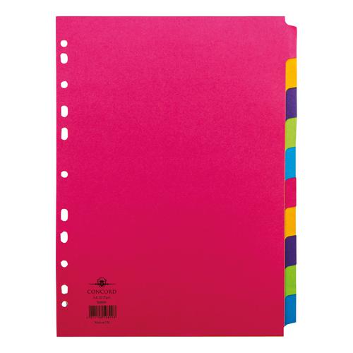 Concord+Bright+Subject+Dividers+10-Part+Card+Multipunched+160gsm+A4+Assorted+Ref+50899