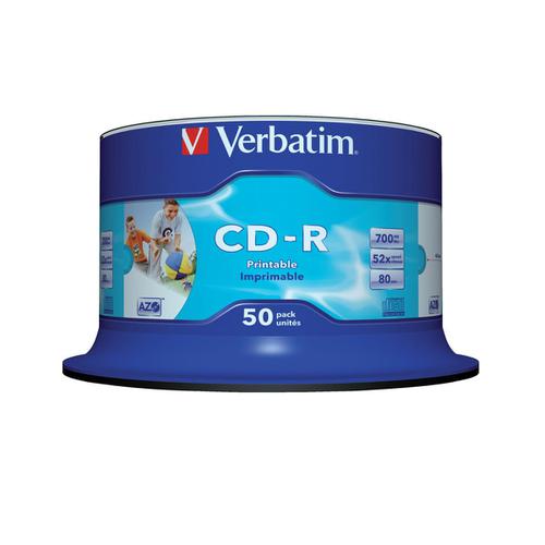 Verbatim CD-R Recordable Disk Inkjet Printable on Spindle 52x Speed 80min 700Mb Ref 43438 [Pack 50]
