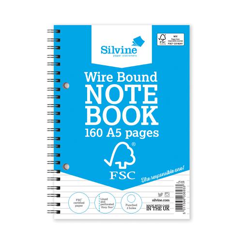 Silvine FSC Notebook Wirebound 56gsm Ruled Perforated 160pp A5 Ref FSCTWA5 [Pack 5]
