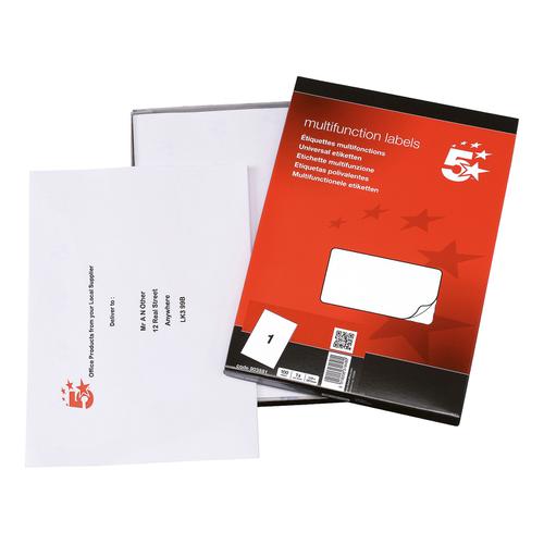 5 Star Office Multipurpose Labels Laser Copier and Inkjet 1 per Sheet 297x210mm White [100 Labels]