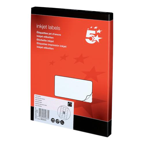 5 Star Office Addressing Labels Inkjet 18 per Sheet 63.5x46.6mm White [1800 Labels]