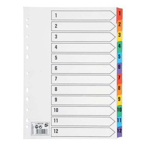 5 Star Office Index 1-12 Multipunched Mylar-reinforced Multicolour-Tabs 150gsm A4 White