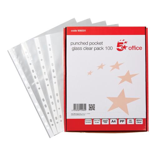 5+Star+Office+Punched+Pocket+Polypropylene+Top+and+Side-opening+50+Micron+A4+Glass+Clear+%5BPack+100%5D