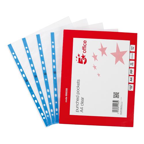5+Star+Office+Punched+Pocket+Polypropylene+Embossed+Blue+Strip+Top-opening+60+Micron+A4+Clear+%5BPack+100%5D