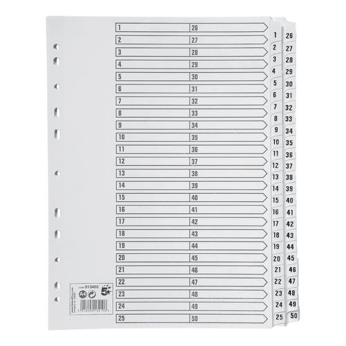 5 Star Office Index 1-50 Multipunched Mylar-reinforced Strip Tabs 150gsm A4 White