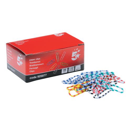 5 Star Office Paperclips Length 28mm Zebra Assorted Colours [Pack 150]