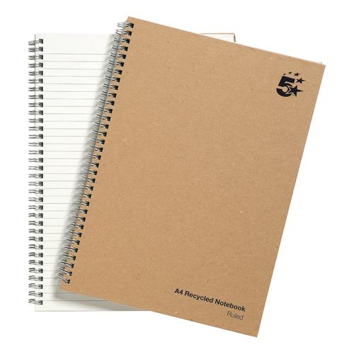 5 Star Eco Notebook Wirebound 80gsm Ruled Recycled 160pp A4 Buff [Pack 5]