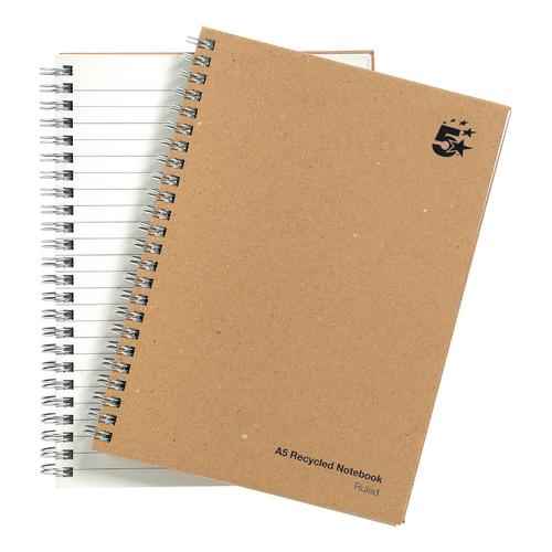 5 Star Eco Notebook Wirebound 80gsm Ruled Recycled 160pp A5 Buff [Pack 5]