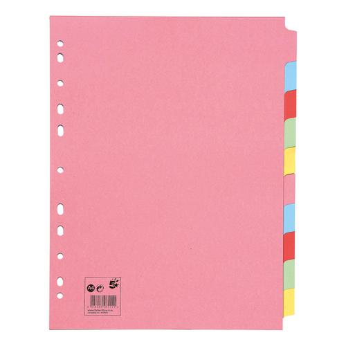 5 Star Office Subject Dividers 10-Part Recycled Card Multipunched Extra Wide 155gsm A4 Assorted [Pack 10]