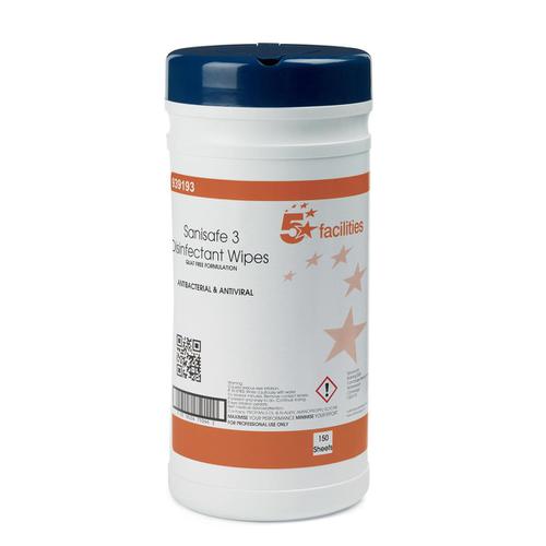 5 Star Facilities Disinfectant Wipes Anti-bacterial PHMB-free BPR Low-residue 200x230mm [150 Wipes]