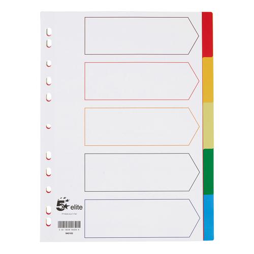 5+Star+Elite+Divider+5-Part+Polypropylene+Punched+Reinforced+Coloured-Tabs+120+Micron+A4+White