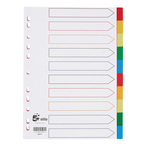5 Star Elite Divider 10-Part Polypropylene Punched Reinforced Coloured-Tabs 120 Micron A4 White