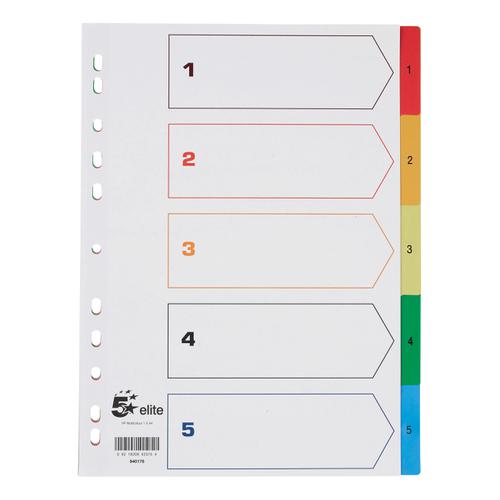 5+Star+Elite+Index+1-5+Polypropylene+Multipunched+Reinforced+Multicolour-Tabs+120+Micron+A4+White