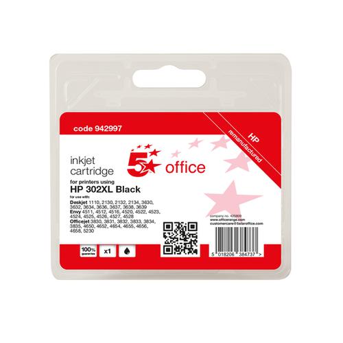 5 Star Office Remanufactured Inkjet Cartridge Page Life Black 480pp [HP No.302XL F6U68AE Alternative]