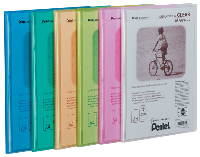Pentel Recycology A4 Display Book Clear 20 Pocket Assorted Colours (Pack 5)