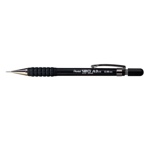 Pentel+A315+Automatic+Pencil+with+Rubber+Grip+and+2+x+HB+0.5mm+Lead+Black+Barrel+Ref+A315-A+%5BPack+12%5D