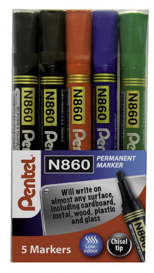 Permanent Markers Pentel N860 Permanent Marker Chisel Tip 1.8 - 4.5mm Line Assorted (Pack 5) YN860/5-M