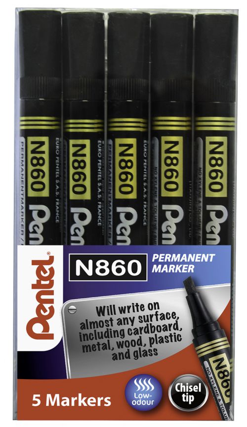 Permanent Markers Pentel N860 Permanent Marker Chisel Tip 1.8 - 4.5mm Line Black (Pack 5) YN860/5-A
