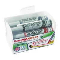 Pentel Maxiflo Whiteboard Marker and Eraser Set Bullet Tip 3mm Line Assorted Colours (Pack 4) - MWL5M/MAG/4-M