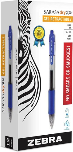 Zebra+Sarasa+Gel+Dry+X20+Retractable%2C+Box+of+12+Blue+0.7