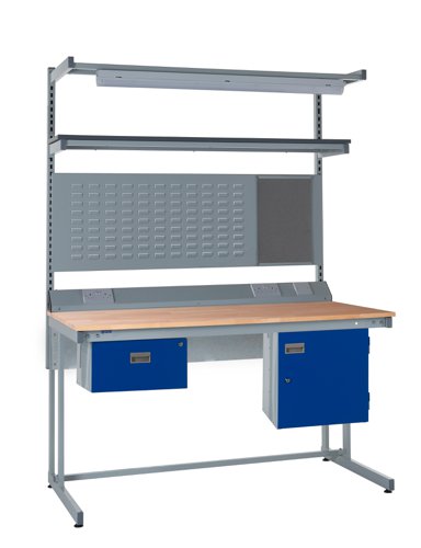 Cantilever Workbench - Beech Top H.840 W.1200 D.750mm - Single Drawer, Storage Cupboard, 1180mm Rear Support Posts, Service Duct Worktop Fitting, Ligh Cantilever Workbench - Beech Top H.840 W.1200 D.750mm - Single Drawer, Storage Cupboard, 1180mm Rear Support Posts, Service Duct Worktop Fitting, Ligh
