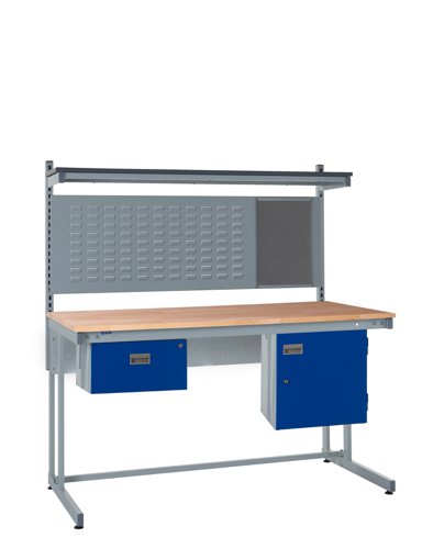 Cantilever Workbench - Beech Top H.840 W.1200 D.750mm - Single Drawer, Storage Cupboard, 760mm Rear Support Posts, Louvre Panel & Laminate Upper Shelf Cantilever Workbench - Beech Top H.840 W.1200 D.750mm - Single Drawer, Storage Cupboard, 760mm Rear Support Posts, Louvre Panel & Laminate Upper Shelf