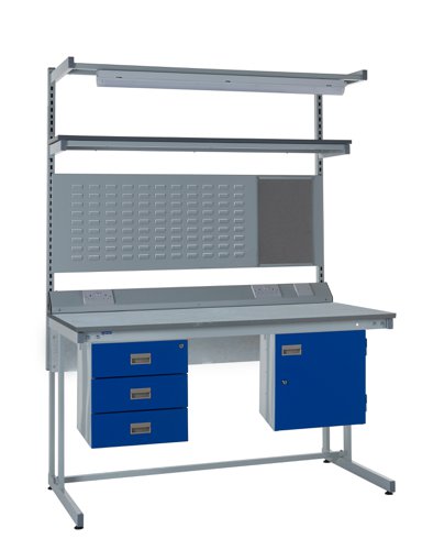 Cantilever Workbench - Laminate Top H.840 W.1500 D.750mm - Storage Cupboard, Triple Drawer Unit, 1180mm Rear Support Posts, Service Duct Worktop Fitti Cantilever Workbench - Laminate Top H.840 W.1500 D.750mm - Storage Cupboard, Triple Drawer Unit, 1180mm Rear Support Posts, Service Duct Worktop Fitti