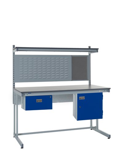 Cantilever Workbench - Laminate Top H.840 W.1500 D.750mm - Single Drawer, Storage Cupboard, 760mm Rear Support Posts, Louvre Panel & Laminate Upper Sh Cantilever Workbench - Laminate Top H.840 W.1500 D.750mm - Single Drawer, Storage Cupboard, 760mm Rear Support Posts, Louvre Panel & Laminate Upper Sh
