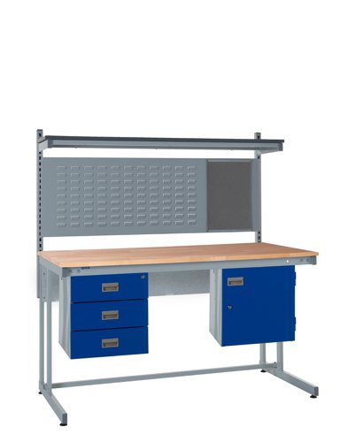 Cantilever Workbench - Beech Top H.840 W.1800 D.750mm - Storage Cupboard, Triple Drawer Unit, 760mm Rear Support Posts, Louvre Panel & Laminate Upper Cantilever Workbench - Beech Top H.840 W.1800 D.750mm - Storage Cupboard, Triple Drawer Unit, 760mm Rear Support Posts, Louvre Panel & Laminate Upper