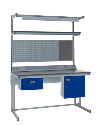 Cantilever Workbench - Laminate Top H.840 W.1800 D.750mm - Single Drawer, Storage Cupboard, 1180mm Rear Support Posts, Service Duct Worktop Fitting, L Cantilever Workbench - Laminate Top H.840 W.1800 D.750mm - Single Drawer, Storage Cupboard, 1180mm Rear Support Posts, Service Duct Worktop Fitting, L