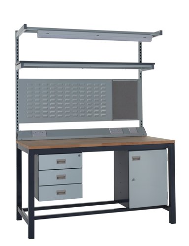 Kit F - 1200mm Heavy Duty Workbench With Accessories - Solid Beech Worktop - Triple Drawer Unit, Storage Cupboard, 1180mm Rear Support Posts, Service Kit F - 1200mm Heavy Duty Workbench With Accessories - Solid Beech Worktop - Triple Drawer Unit, Storage Cupboard, 1180mm Rear Support Posts, Service