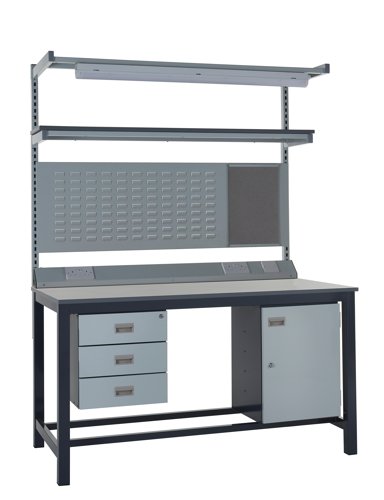 Kit F - 1200mm Heavy Duty Workbench With Accessories - Laminate Worktop - Triple Drawer Unit, Storage Cupboard, 1180mm Rear Support Posts, Service Duc Kit F - 1200mm Heavy Duty Workbench With Accessories - Laminate Worktop - Triple Drawer Unit, Storage Cupboard, 1180mm Rear Support Posts, Service Duc