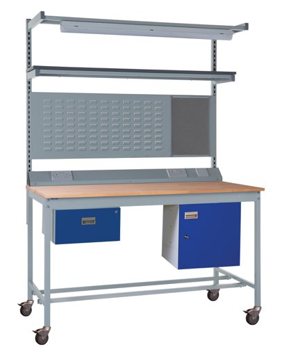 Mobile Square Tube Workbench - Beech Top 840h x 1800w x 750d mm - Single Drawer, Storage Cupboard, 1180mm Rear Support Posts, Service Duct Worktop Fi Mobile Square Tube Workbench - Beech Top 840h x 1800w x 750d mm - Single Drawer, Storage Cupboard, 1180mm Rear Support Posts, Service Duct Worktop Fi