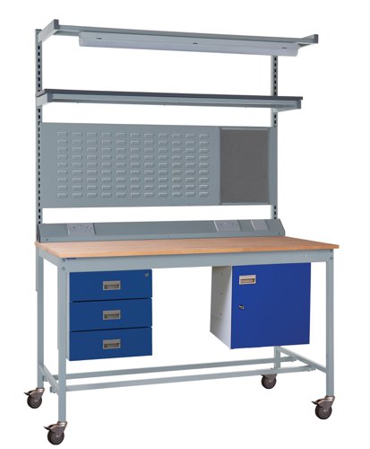 Mobile Square Tube Workbench - Beech Top 840h x 1500w x 750d mm - Storage Cupboard, Triple Drawer Unit, 1180mm Rear Support Posts, Service Duct Workto Mobile Square Tube Workbench - Beech Top 840h x 1500w x 750d mm - Storage Cupboard, Triple Drawer Unit, 1180mm Rear Support Posts, Service Duct Workto