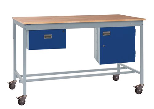 Mobile Square Tube Workbench - Beech Top 840h x 1200w x 750d mm - Single Drawer & Storage Cupboard Mobile Square Tube Workbench - Beech Top 840h x 1200w x 750d mm - Single Drawer & Storage Cupboard
