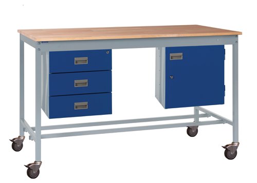 Mobile Square Tube Workbench - Beech Top 840h x 1200w x 750d mm - Storage Cupboard & Triple Drawer Unit Mobile Square Tube Workbench - Beech Top 840h x 1200w x 750d mm - Storage Cupboard & Triple Drawer Unit
