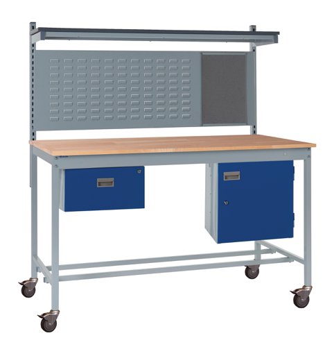 Mobile Square Tube Workbench - Beech Top 840h x 1500w x 750d mm - Single Drawer, Storage Cupboard, 760mm Rear Support Posts, Louvre Panel & Laminate U Mobile Square Tube Workbench - Beech Top 840h x 1500w x 750d mm - Single Drawer, Storage Cupboard, 760mm Rear Support Posts, Louvre Panel & Laminate U