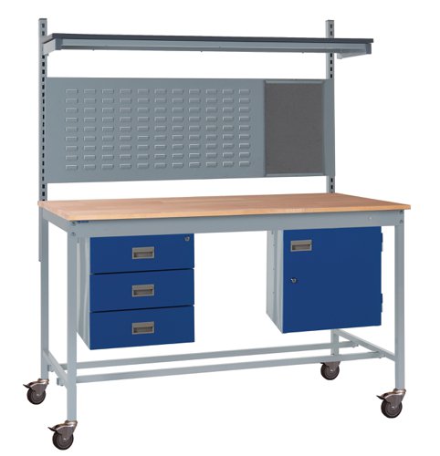 Mobile Square Tube Workbench - Beech Top 840h x 1800w x 750d mm - Storage Cupboard, Triple Drawer Unit, 760mm Rear Support Posts, Louvre Panel & Lamin Mobile Square Tube Workbench - Beech Top 840h x 1800w x 750d mm - Storage Cupboard, Triple Drawer Unit, 760mm Rear Support Posts, Louvre Panel & Lamin