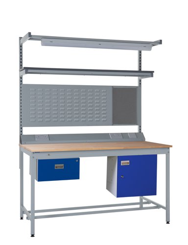 Square Tube Workbench - Beech Top H.840 W.1500 D.750mm - Single Drawer, Storage Cupboard, 1180mm Rear Support Posts, Service Duct Worktop Fitting, Lig Square Tube Workbench - Beech Top H.840 W.1500 D.750mm - Single Drawer, Storage Cupboard, 1180mm Rear Support Posts, Service Duct Worktop Fitting, Lig