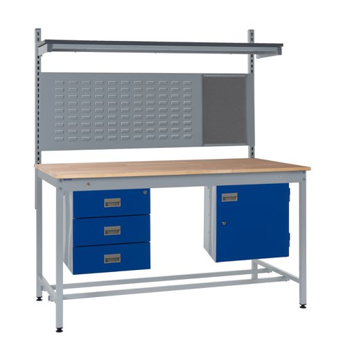 Square Tube Workbench - Beech Top H.840 W.1500 D.750mm - Storage Cupboard, Triple Drawer Unit, 760mm Rear Support Posts, Louvre Panel & Laminate Upper Square Tube Workbench - Beech Top H.840 W.1500 D.750mm - Storage Cupboard, Triple Drawer Unit, 760mm Rear Support Posts, Louvre Panel & Laminate Upper