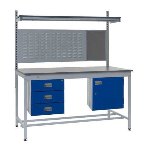 Square Tube Workbench - Laminate Top H.840 W.1500 D.750mm - Storage Cupboard, Triple Drawer Unit, 760mm Rear Support Posts, Louvre Panel & Laminate Up Square Tube Workbench - Laminate Top H.840 W.1500 D.750mm - Storage Cupboard, Triple Drawer Unit, 760mm Rear Support Posts, Louvre Panel & Laminate Up