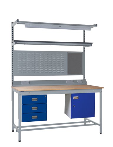 Square Tube Workbench - Beech Top H.840 W.1800 D.750mm - Storage Cupboard, Triple Drawer Unit, 1180mm Rear Support Posts, Service Duct Worktop Fitting Square Tube Workbench - Beech Top H.840 W.1800 D.750mm - Storage Cupboard, Triple Drawer Unit, 1180mm Rear Support Posts, Service Duct Worktop Fitting