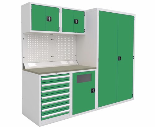 Euro slide Modular Workshop Kit 2 - Linoleum Worktop and Green Cupboards/Drawers Euro slide Modular Workshop Kit 2 - Linoleum Worktop and Green Cupboards/Drawers