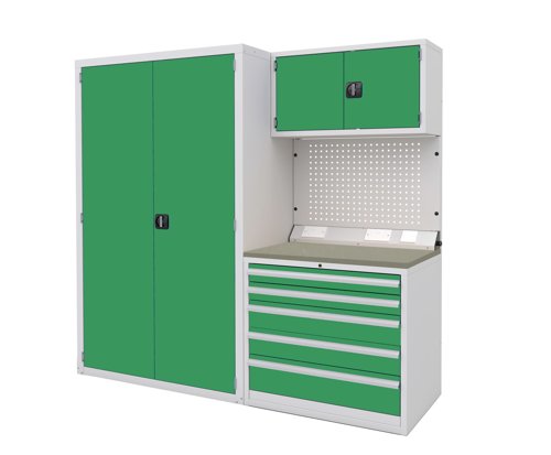 Euro slide Modular Workshop Kit 3 - Linoleum Worktop and Green Cupboards/Drawers Euro slide Modular Workshop Kit 3 - Linoleum Worktop and Green Cupboards/Drawers