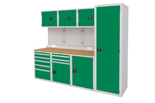 Euro slide Modular Workshop Kit 4 - Beech Worktop and Green Cupboards/Drawers Euro slide Modular Workshop Kit 4 - Beech Worktop and Green Cupboards/Drawers