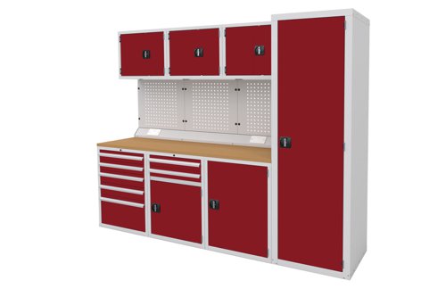 Euro slide Modular Workshop Kit 4 - Beech Worktop and Red Cupboards/Drawers Euro slide Modular Workshop Kit 4 - Beech Worktop and Red Cupboards/Drawers