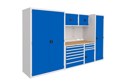 Euro slide Modular Workshop Kit 5 - Beech Worktop and Blue Cupboards/Drawers Euro slide Modular Workshop Kit 5 - Beech Worktop and Blue Cupboards/Drawers