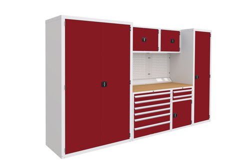 Euro slide Modular Workshop Kit 5 - Beech Worktop and Red Cupboards/Drawers Euro slide Modular Workshop Kit 5 - Beech Worktop and Red Cupboards/Drawers