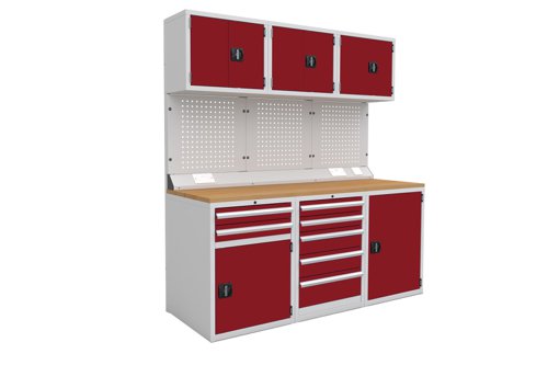 Euro slide Modular Workshop Kit 1 - Beech Worktop and Red Cupboards/Drawers Euro slide Modular Workshop Kit 1 - Beech Worktop and Red Cupboards/Drawers
