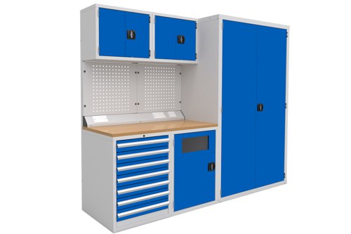 Euro slide Modular Workshop Kit 2 - Beech Worktop and Blue Cupboards/Drawers Euro slide Modular Workshop Kit 2 - Beech Worktop and Blue Cupboards/Drawers